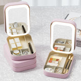 Rechargeable Compact LED Vanity Storage with Touch Screen Dimming Makeup Mirror Portable Necklace Earring Jewelry Box