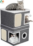 Indoor Cat House with Separate 2 Large Cat Bed Cave Hideaway Condos and Hanging Balls. Cat Cube for Multiple Cats and Kittens.