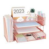 (rose gold) File Organizers Tray Metal 4 Tiered Letter with Sliding Drawer 2 Pen Cups Stackable for Office Desk Organizers Storage  rose gold