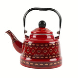 1pc 1.1L Enamel Hot Kettle, Household Enamel Geometric Printed Flower Green Dot Flower Ancient Bell Kettle Boiling Kettle