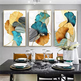 Blue Green Yellow Gold Leaf Plant Flower Canvas Poster Abstract Painting Wall Art Print Living Room Decoration