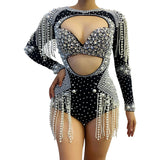 Fashionable hollow out female singer stage performance outfit with ultra short jumpsuit personality