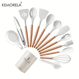 14pcs Silicone Utensil Set - Non-Stick Cooking Utensils With Wooden Handle & Storage Bucket