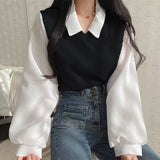 Patchwork Long Sleeve Loose Contrast Color And Versatile Top