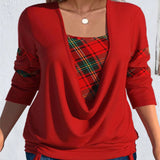 Printed Solid Color Long-sleeved Women's Large Drop Collar Loose Pleating Fake Two-piece Top
