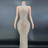Sexy Shiny Water Diamond Silver Large Women's Evening Hanging Neck Fish Tail Long Dress Sleeveless
