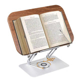 Adjustable Book Holder with 360 Degree Rotating Base  Page Clips, Foldable Desktop Stand for Documents, Cookbooks (Wood)