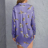 Printed Long Temperament Commute Purple White Green Long-sleeved Lapel Single Breasted Pullover Shirt