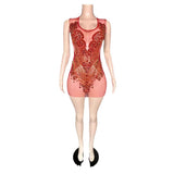 Positive red temperament short sleeveless with full diamond high-end buttocks wrapped mesh sexy slimming host stage dress