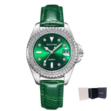 PINTIME Watch for Women Vintage Agate Green Leather Strap Diamond Dial Luminous Waterproof Calendar Quartz Wristwatch Relogios