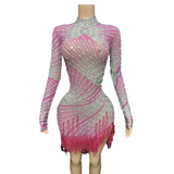 Wind and temperament Latin cha dance costume practice suit skirt hem tassel multiple colors pearl rhinestone splicing