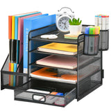 Desk Organizer with File Holder, 5Tier Paper Letter Tray with Drawer(Black)