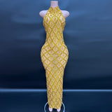 Sexy Shiny Water Diamond Silver Large Women's Evening Hanging Neck Fish Tail Long Dress Sleeveless