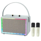 (Gray) Leather Colorful Light Effect Karaoke Audio Retro Outdoor Bluetooth Speaker Dual-microphone