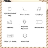 Digital Mirror Surface Alarm Clock Desktop Portable BT Speaker & FM Radio Rechargeable Support TF Card for Home Office Travel
