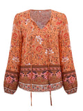 Cross Border Printed V-neck Loose Long Sleeve Top Women
