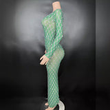 Temperament Female Singer Stage Dress Green Grid Deep V-Neck Sexy Wrapped Hip Tight Long Sleeves