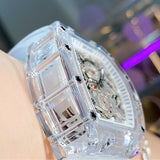 PINTIME Top Brand Men Watches Transparent White Hollow Dial Automatic Mechanical Wristwatch Sport Waterproof Relogios Masculino