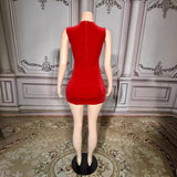 Positive red temperament short sleeveless with full diamond high-end buttocks wrapped mesh sexy slimming host stage dress