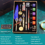 Antique Feather Retro Wooden Dip Pen Set Classic Wax Seal Stamp Kit for Calligraphy Art Words Gifts