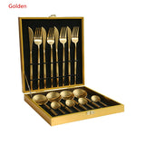 16Pcs Black Gold Dinnerware Set Stainless Steel Dinner Knife Fork White Gold Cutlery Set With Giftbox Drop Kitchen Cutlery