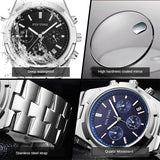 PINTIME Man Watch Stainless Steel Strap Six-Hand Dial Luminous Waterproof Calendar Fashion Quartz Wristwatch  Casuals Relogios