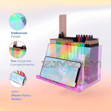 2 Grid Iridescent Holder Desktop Organizer Makeup Brush Box Acrylic Storage Pen Case For Bedroom Office Dresser