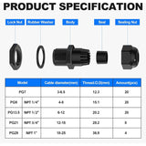72PCS Glands Kit Waterproof Strain Relief Cord Connector Grip Weatherproof Cable Pass Through PG7 1/4" 1/2" 3/4" 1" NPT