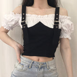 Plaid stitching one-word shoulder straps shoulder straps waist slimming top women short ins casual