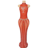 Luxury and atmospheric red temperament host stage sexy slim fit, buttocks wrapped female star evening dress, sleeveless