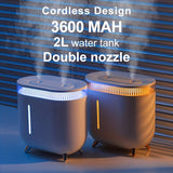 1pc 2L 3600mAh Large Capacity Ultrasonic Humidifier with Double Nozzle and Essential Oil Diffuser