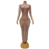 Novas New Hot Selling Female Singer Hosted by Long sleeved Small Diamond Sparkling Pattern Sexy Mesh Perspective