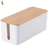 Bamboo CA management with top white organizer, cable corrector, power strip, surge protector, etc