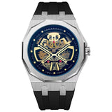 PINTIME Men's Watches Luminous Waterproof Automatic Mechanical Wristwatch Skeleton Samurai Head Dial Silicone Strap Sports Reloj