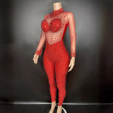 Nightclub bar party sexy red perspective mesh diamond tight jumpsuit for women's performance