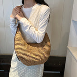 Women Straw Woven Half Moon Weaving Shoulder Bag Large Capacity Tote Clutch Bags Zipper Closure for Outdoor Travel