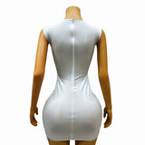 New Shiny Mesh Skin Tone Perspective Round Neck Sleeveless Elegant Knee and Hip Wrap Short Dress