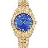 PINTIME Watches Men Luxury Diamond Iced Out Stainless Steel Strap Rome Dial Fashion Quartz Wristwatches Waterproof Reloj Hombre