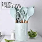 12PCS Silicone Kitchenware Non-Stick Cookware Kitchen Utensils Spatula Shovel Egg Beaters Wooden Handle Cooking Tool Set