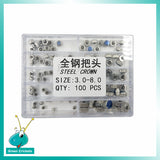 100pcs/Box Assort Size 3mm~8mm Titanium Full Steel Watch Crown Repalcement Parts Kit for Watchmakers