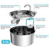 3.2L Stainless Steel Cat Dispenser With Quiet Water Pump Filter Pet Drink Feeder For Cats Dogs Drinking Fountain Bowl