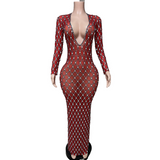 Temperament Female Singer Stage Dress Green Grid Deep V-Neck Sexy Wrapped Hip Tight Long Sleeves