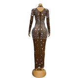 High end luxury full diamond lens mixed design singer host runway stage performance evening dress long style temperament