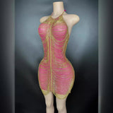 Hanging Neck Sexy Open Back Gift Dress Deep Pink Age Reducing Short Wrapped Hip Skirt Gold Tassel Design