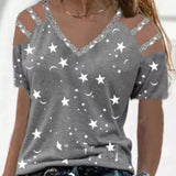 Summer Printed V-neck Multi-color Women's T-shirt