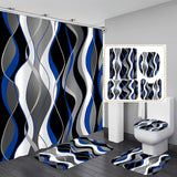 (Package 1) 4-piece Blue And Black Striped Shower Curtain Set, Gray And White Bathroom Set, Modern Home Bathroom Decoration With Rug And Toilet Cover