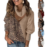 Leopard Print Color-blocking Temperament V-neck Loose Scarf Hollow Knitted Sweater