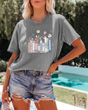Summer New Book Flower T-shirt Cute Fashion Round Neck Pullover