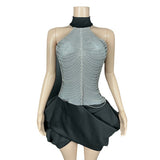 Host's Elegant with Waist Wrapped and Neck Hanging to Show Slim Chain Sexy Short Dress