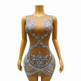 New Shiny Mesh Skin Tone Perspective Round Neck Sleeveless Elegant Knee and Hip Wrap Short Dress